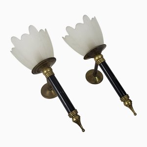 Glass and Brass Torch Wall Sconces, 1950s, Set of 2