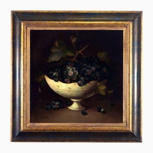 Salvatore Marinelli, Ciotola con uva nera, Olio su tela, anni '80, con cornice