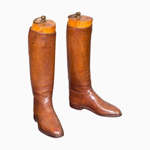 Expositor de zapatos ingleses eduardianos antiguos de cuero, años 10. Juego de 2