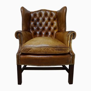 Vintage Cognac Leather Wingback Chesterfield Armchair, England 1940s