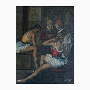 M. Duval, Backstage mit Clowns und Tänzern, 1950er, Öl auf Leinwand