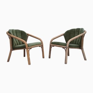 Poltrone in velluto verde e vimini, Scandinavia, anni '70, set di 2