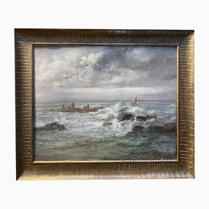 Pompeo Mariani, Stormy Sea, 19th Century, Oil on Cardboard, Framed