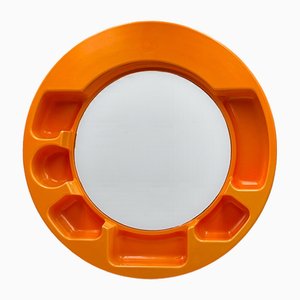Space Age Round Orange Wall Mirror with Shelves by Jean-Pierre Vitrac for Vitrac Design, France, 1970s