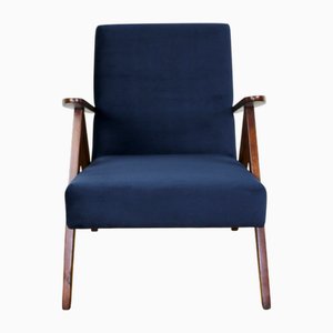 Vintage Navy Blue Velvet Var B-310 Armchair in Dark Wood, 1960s