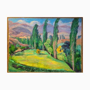 Jean Perret, Französische Fauvistische Landschaft mit Zypressen, 1950er, Öl auf Faserplatte