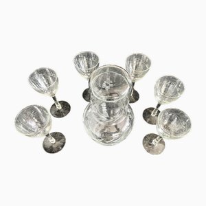 Jarra y vasos Bohemia vintage de vidrio grabado, años 50. Juego de 8