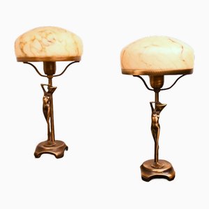 Lampade da tavolo vintage Art Nouveau in bronzo e vetro soffiato di Ateljé Lyktan, Svezia, anni '80, set di 2