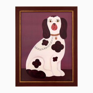 Matt Rix, Naive Style Right Facing Staffordshire Spaniel on Mantel, Dusky Pink, Print, Framed