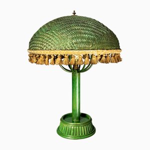 Lampada da tavolo a fungo in vimini verde, Francia, anni '50
