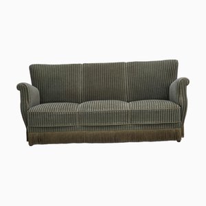Danish 3-Seater Sofa in Green Furniture Velour amd Oak Wood, 1960s