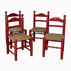 Sedie vintage rustiche laccate rosse, anni '40, set di 4