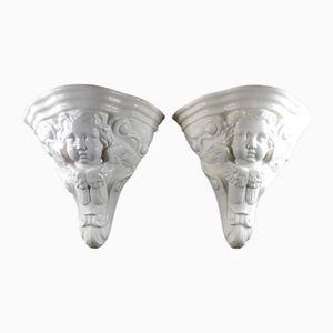 Gien White Ceramic Wall Consoles with Cherub Faces, 1980s, Set of 2