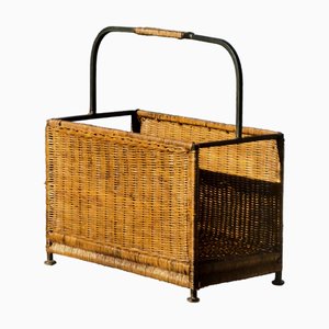 Wrought Iron & Rattan Magazine Rack in the style of Audoux-Minet, France, 1950s