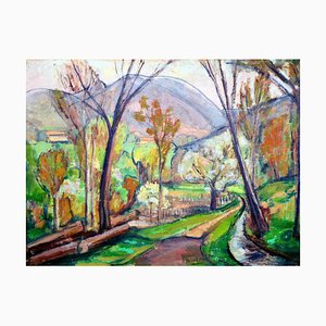 Jean Perret, Post Impressionist French Landscape with Blossom, 1950s, Oil on Paper