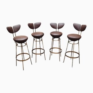 Vintage Leather and Steel Bar Stools, 1950s, Set of 4