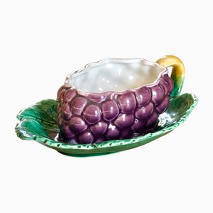 Antique French Gravy Boat on Tray from Sarreguemines, 1887