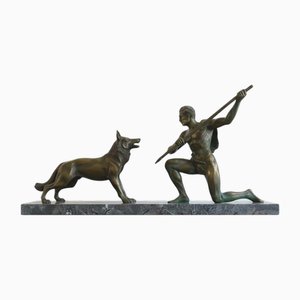Montie, Hunter and Wolf Sculpture, 1920s-1940s, Bronze on Marble Base