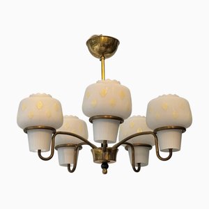 Vintage Scandinavian Chandelier in Brass and Glass, 1950s