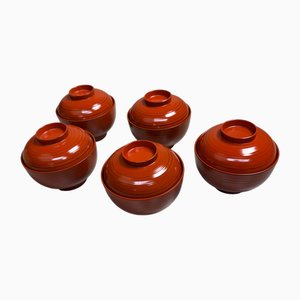 Scodelle vintage laccate con coperchio di Yamanaka, Giappone, anni '80, set di 5