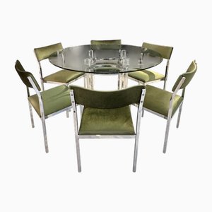 Mesa de comedor con sillas de cromo y terciopelo verde de Charles Hollis Jones para Merrow, 1976. Juego de 7