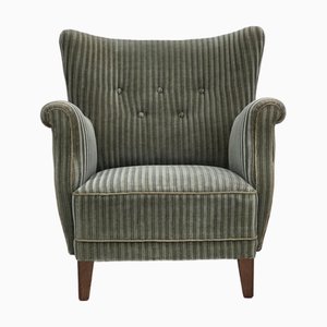 Danish Armchair in Green Furniture Velour and Oak Wood Legs, 1960s