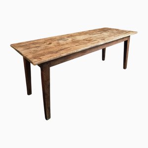Mesa de comedor campestre francesa antigua con base de roble y superficie de pino, década de 1900