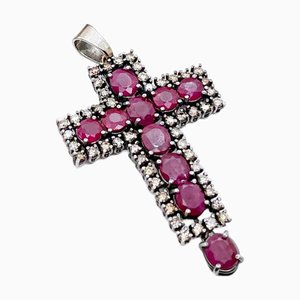 Large Vintage Cross with Rubies and Cognac Diamonds in 18kt White Gold, 1980s