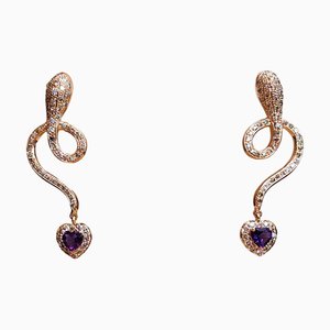 Snake Earrings with Brilliant-Cut Champagne Diamonds and Hearts with Amethysts in 18 Kt Rose Gold, Set of 2