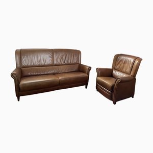 Sofa and Chair in Sheeps Leather with Wooden Floor Lamp, 1980s, Set of 3