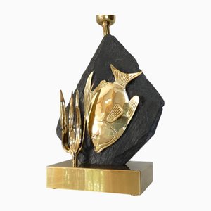 Skulpturale Fisch Tischlampe aus Messing & Schwarzem Stein, 1970er