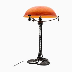 Iron Leaf and Amber Crystal Glass Table Lamp, France, 1920s