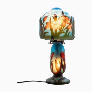 Lampada da tavolo Art Nouveau in vetro con stampa floreale blu, ambra e marrone, Francia, anni '70