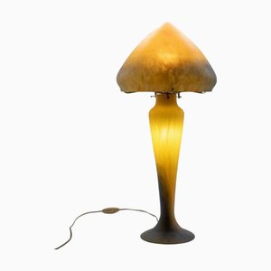 Lámpara de mesa hongo de pasta de vidrio amarilla y azul, Francia, años 70