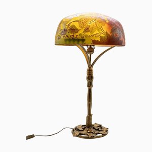 Lámpara de mesa de bronce y vidrio floral de Daum, Francia, década de 1900