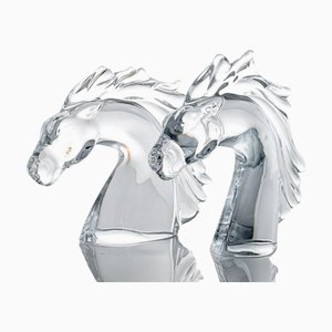 Clear Crystal Glass Horse Head Sculptures from Daum, France, 1880, Set of 2