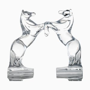 Clear Crystal Glass Rearing Horses Sculptures from Daum, France, 1878, Set of 2