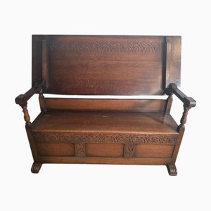 Grand Banc d'Entrée Antique en Chêne Sculpté, 1920s