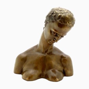 20th Century Bronze Inclined Head of a Woman Bust