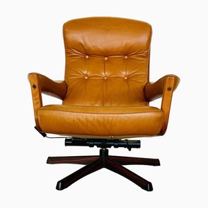 Vintage Swedish Reclining Swivel Chair in Leather from Gøte Møbler