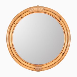 Miroir Rond French Riviera en Bambou Courbé et Osier, Italie, 1970s