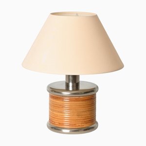Lámpara de mesa Mid-Century de ratán y cromo atribuida a Vivai del Sud, Italia, años 70