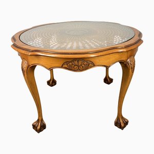 Mesa de centro francesa vintage redonda de roble con tablero de vidrio