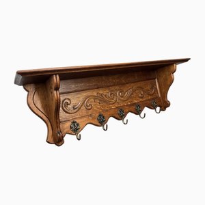 Perchero de pared francés vintage de roble con 5 ganchos