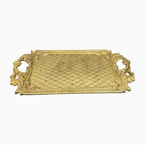 Antique French Brass Ornate Serving Tray with Handles