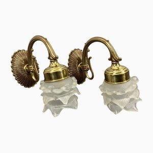Vintage French Wall Brass Sconces with Frosted Glass Shades, Set of 2