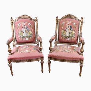Vergoldete Französische Armlehnstühle mit romantischem Bezug, 2er Set