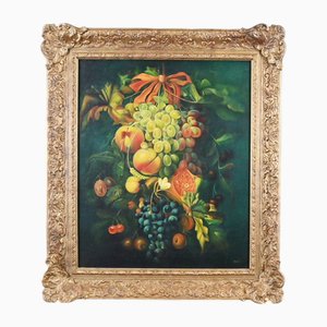 Safan, Dutch Floral Still Life with Grapes, 1890s-1910s, Oil Painting, Framed