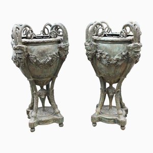 French Neoclassical Bronze Garden Urns, Set of 2