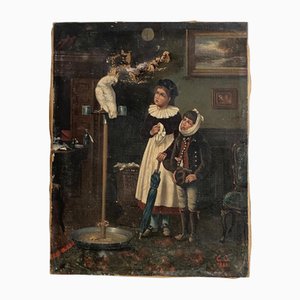 Interior Scene, Young Children with A Parrot, 19th Century, Oil on Canvas